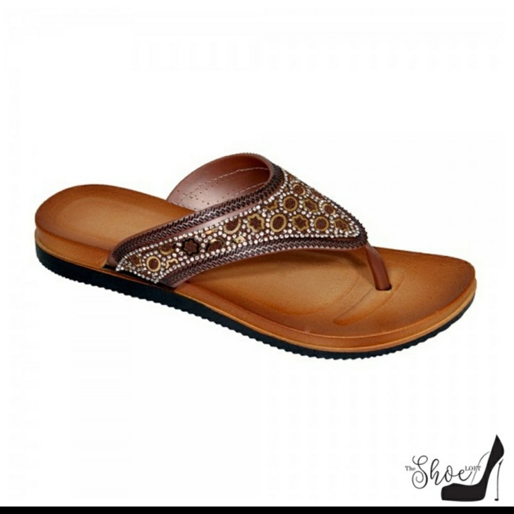 3 PAIR SET Dana Black, Brown, & White Jeweled Thong Flip Flops - Picture 6 of 12